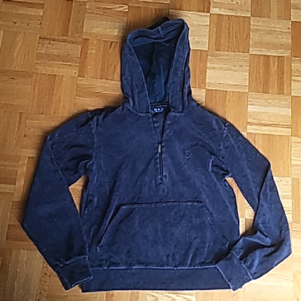 Ralph Lauren Sport Blue Velour Hooded Sweatshirt Half Zip Sweater